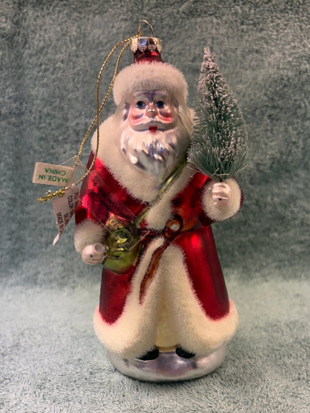 Bloomingdales Glass Santa Ornament Bottle Brush Tree Faux Fur Trimmed Boxed